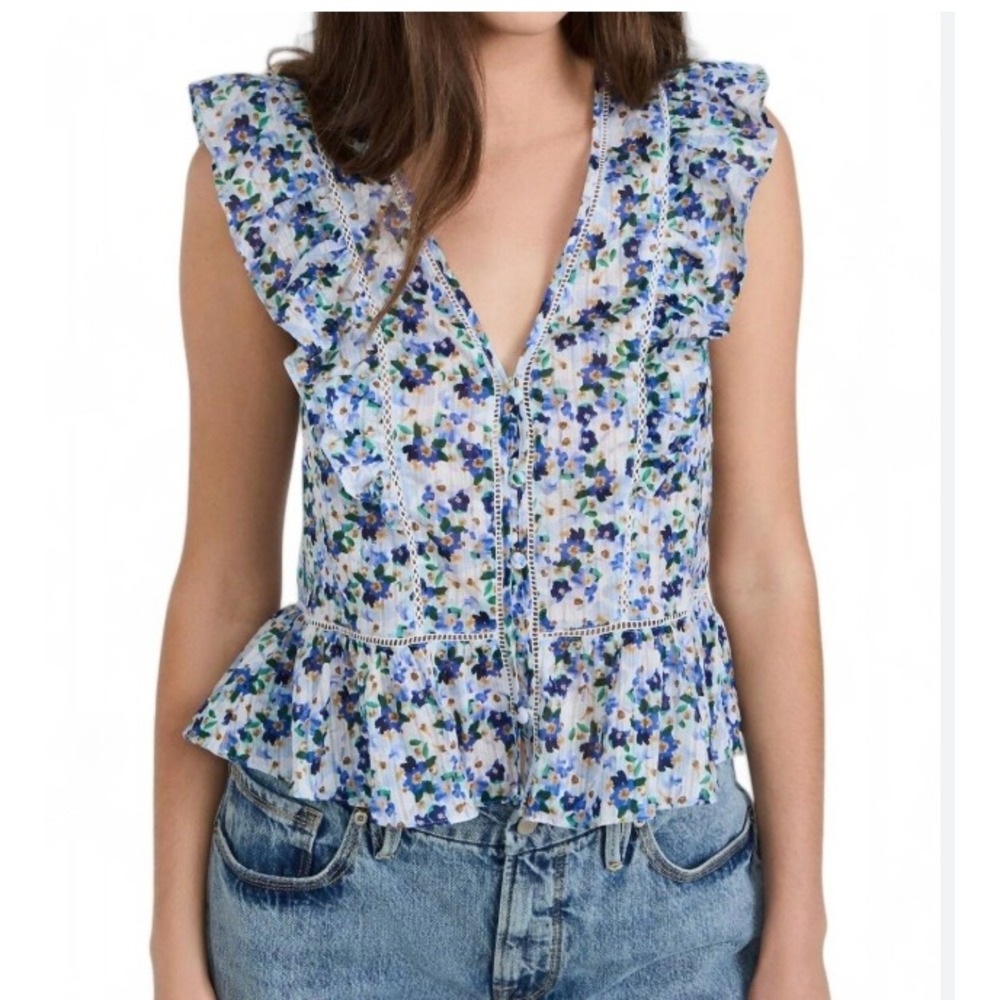 Victoria Beard Araya Floral Peplum Top Size 6 100% Cotton Ruffle Flutter Sleeve